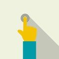 Hand touching icon. One finger clicks the button. Colorful vector illustration in flat style with long shadow.